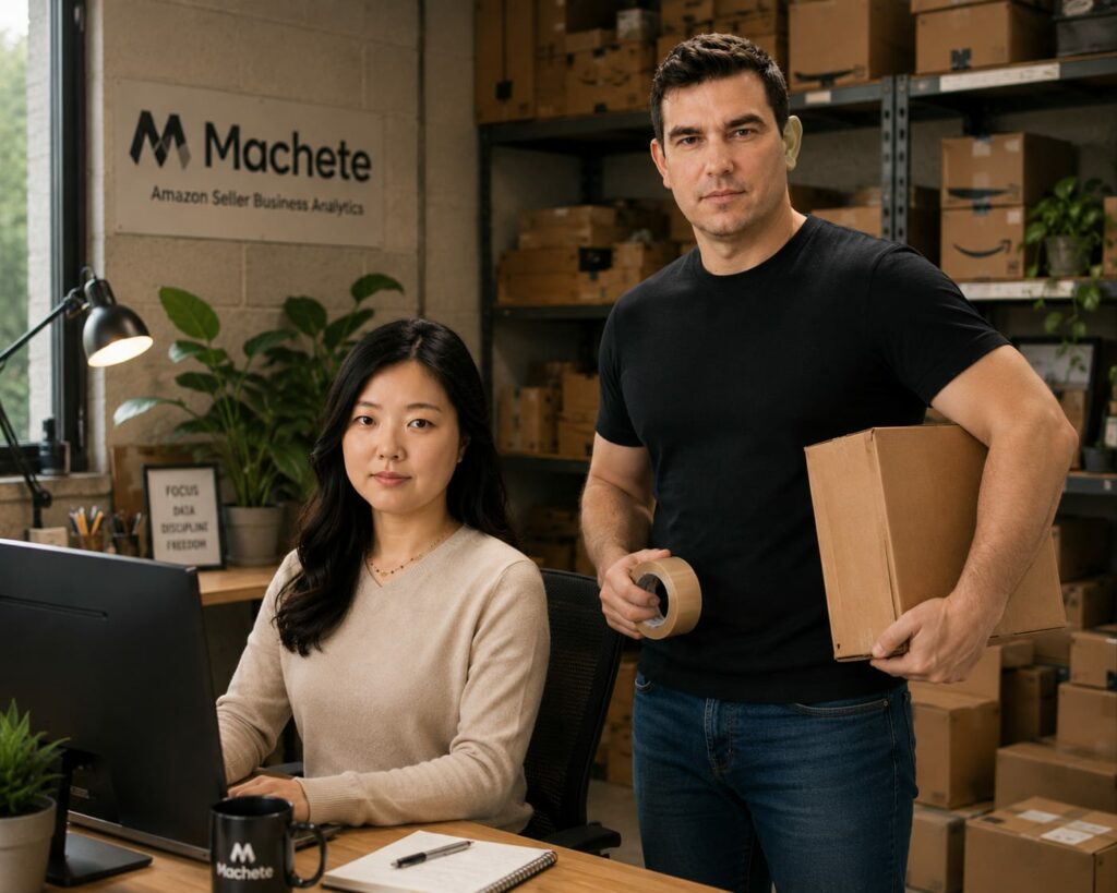 Benjamin et Kwi-Ryoun, fondateurs de Machete, dans leur bureau entouré de cartons Amazon